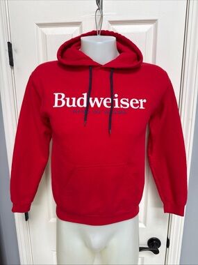 BUDWEISER Brew City Hoodie Hooded Sweatshirt Red King Beer Graphic Sleeve Logo S